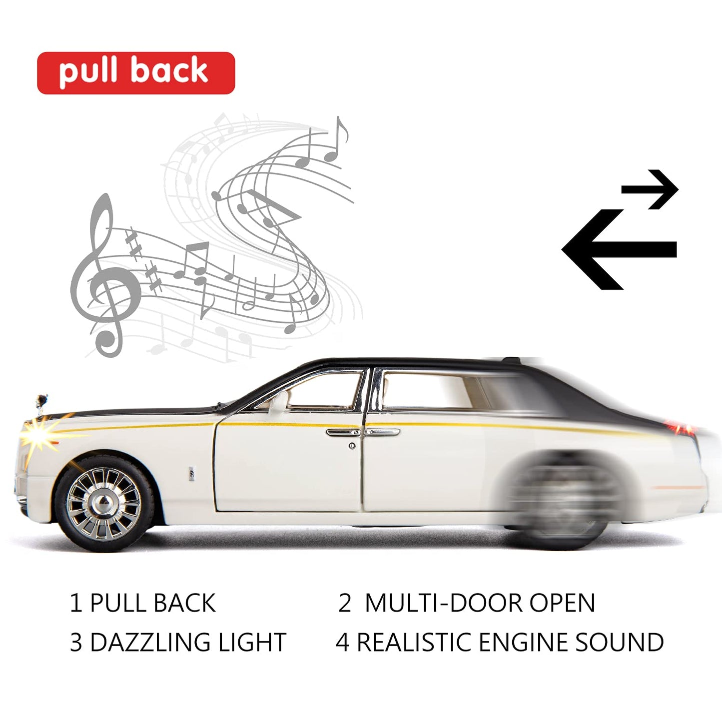 Rolls-Royce Phantom Model Car,Zinc Alloy Pull Back Toy car with Sound and Light for Kids Boy Girl Gift(White)