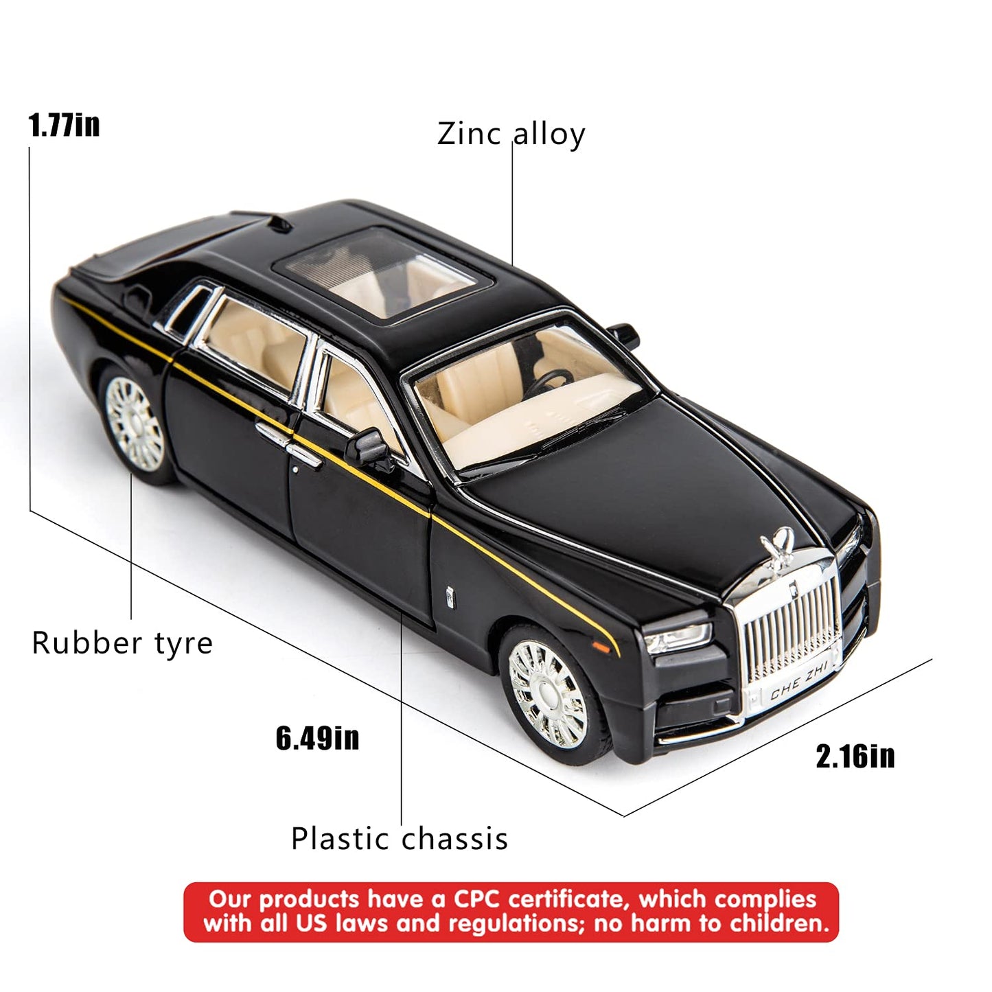 Rolls-Royce Phantom Model Car,Zinc Alloy Pull Back Toy car with Sound and Light for Kids Boy Girl Gift(White)