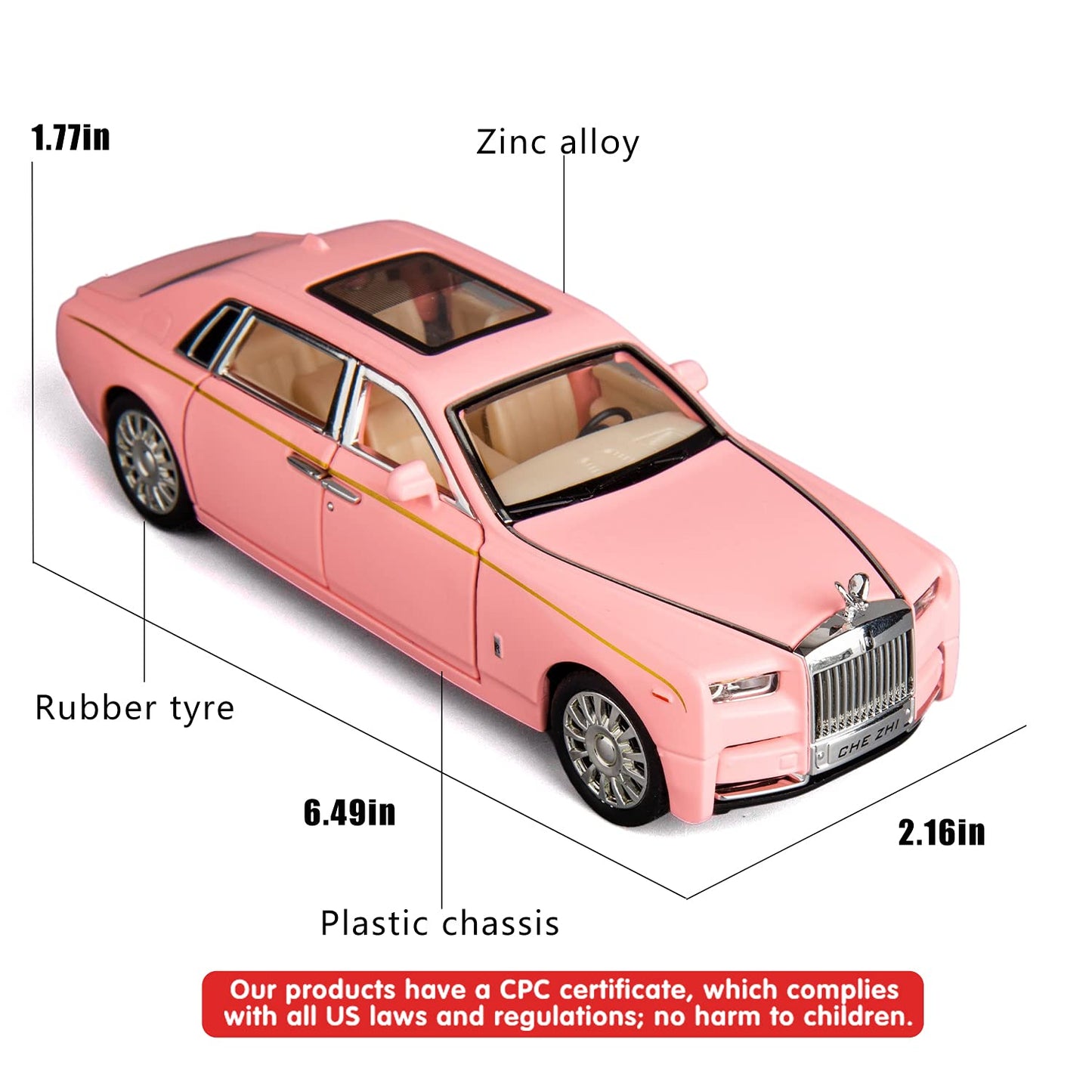 Rolls-Royce Phantom Model Car,Zinc Alloy Pull Back Toy car with Sound and Light for Kids Boy Girl Gift(White)