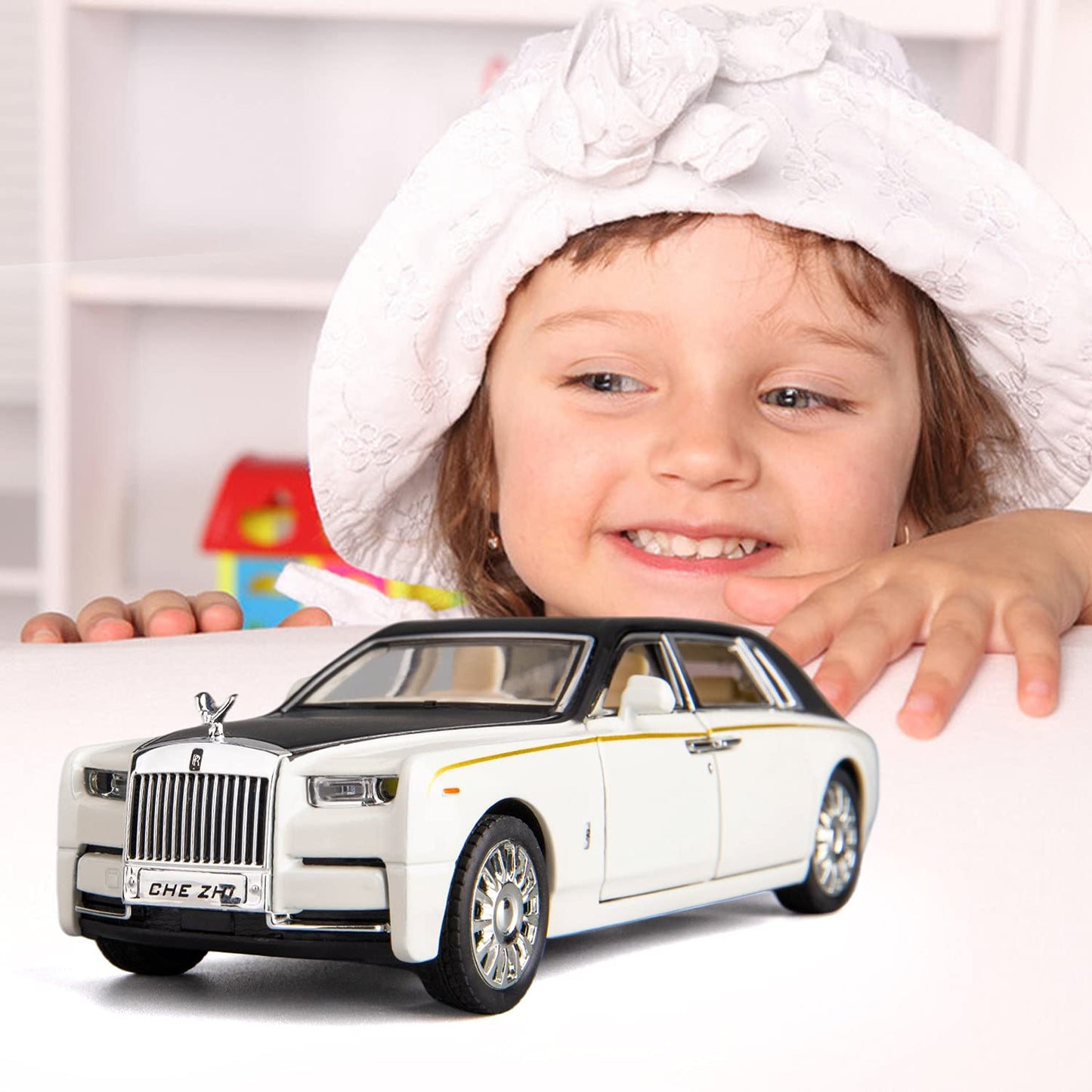 Rolls-Royce Phantom Model Car,Zinc Alloy Pull Back Toy car with Sound and Light for Kids Boy Girl Gift(White)