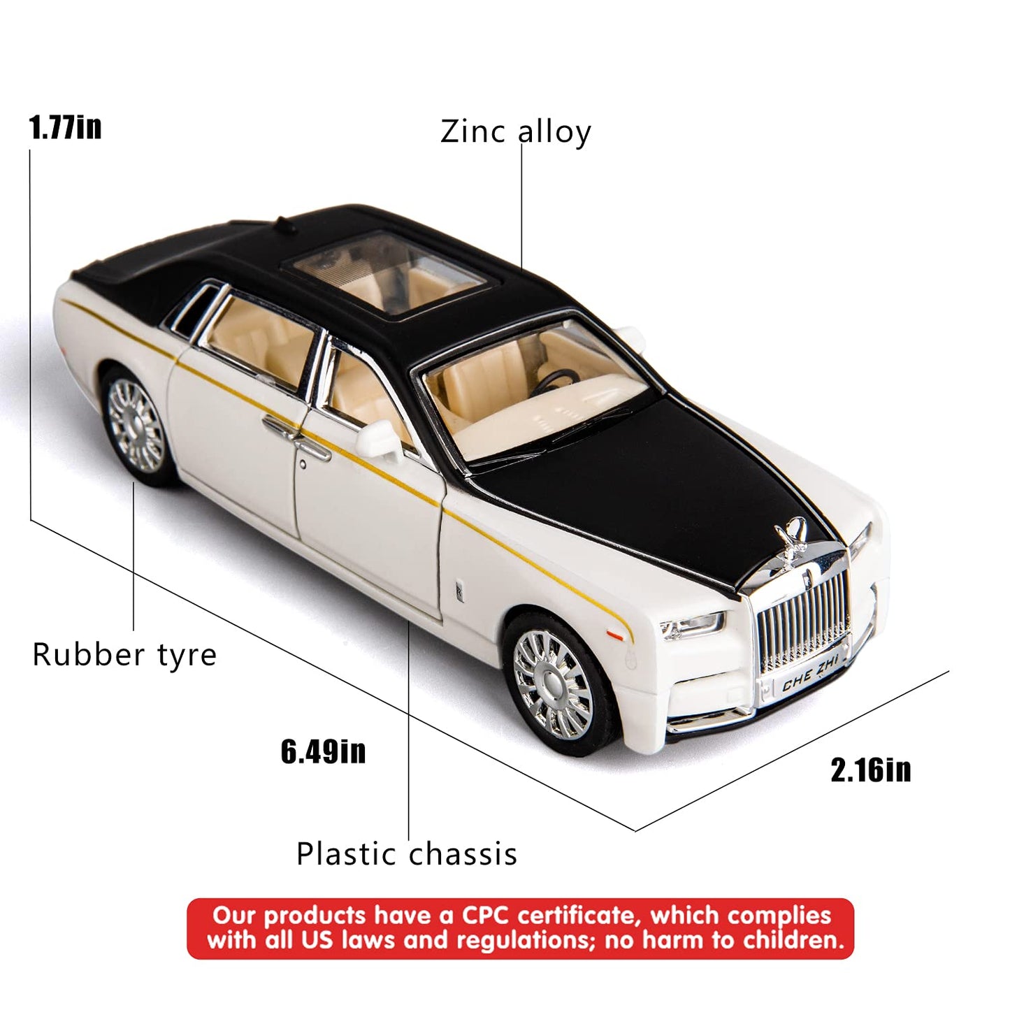 Rolls-Royce Phantom Model Car,Zinc Alloy Pull Back Toy car with Sound and Light for Kids Boy Girl Gift(White)