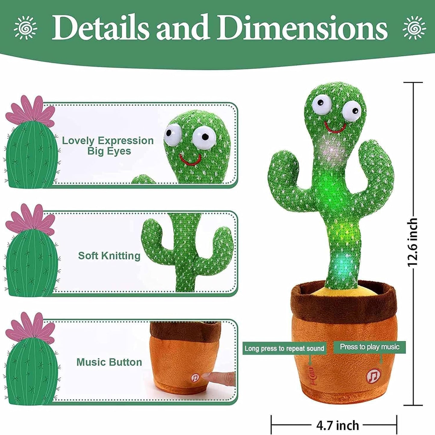 Agile Dancing Cactus Toys for Kids Educational Plush Baby Toy Talking & Singing Electronic Pets for 6 to 12 Months Toddler Repeats What You Say Voice Recorder Musical Toys with 120 Songs